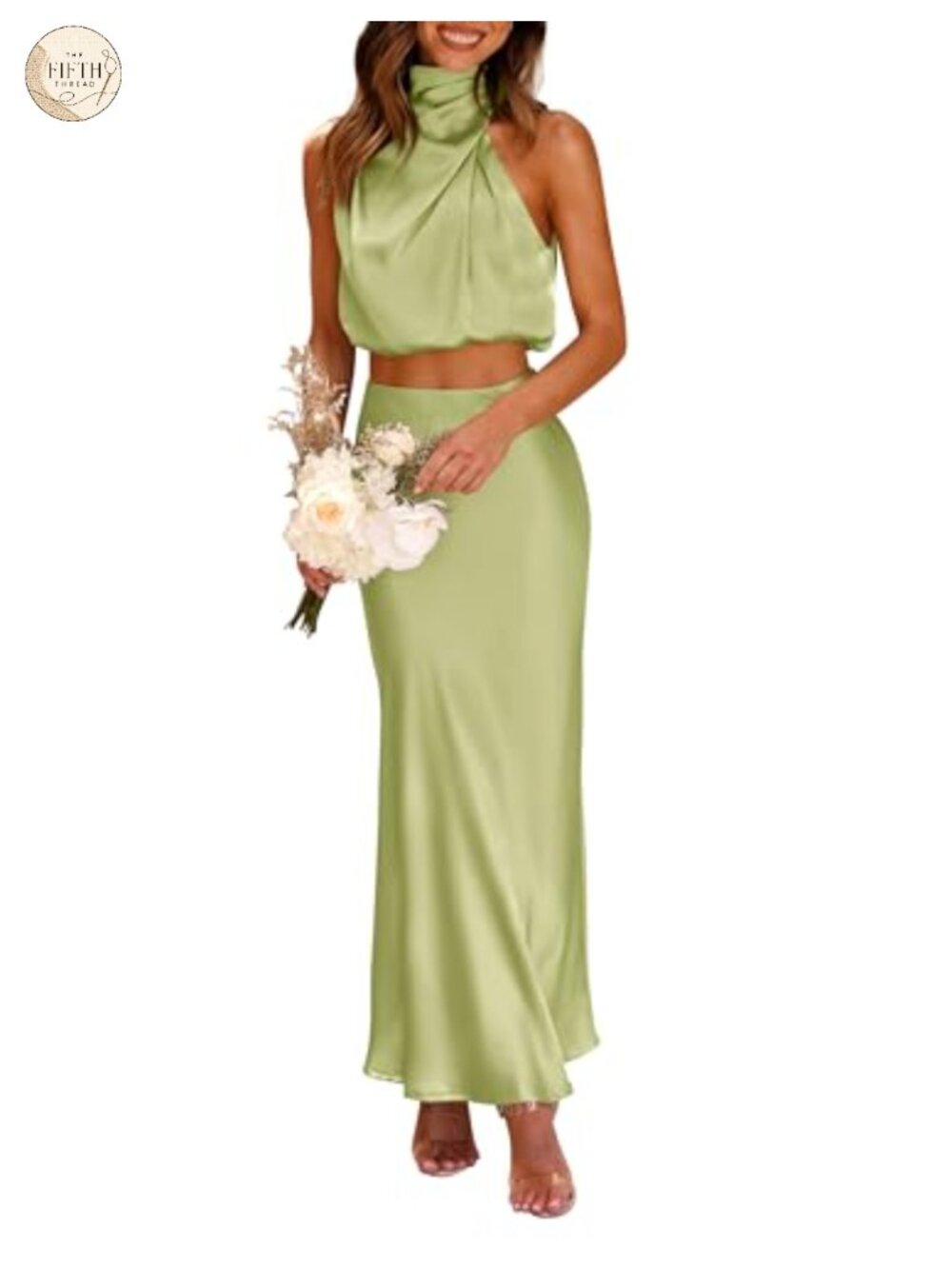 Mock Neck Keyhole Crop Top & Satin Maxi Skirt 2 Piece Set